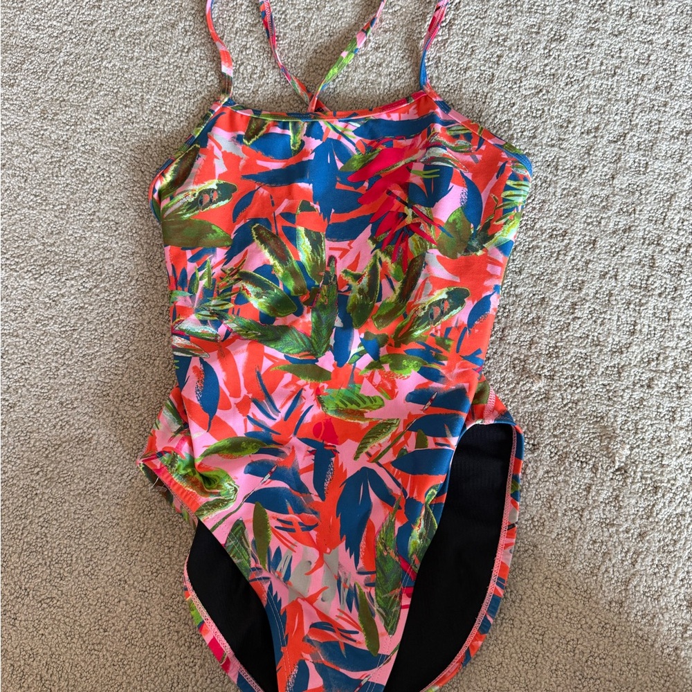 Jolyn Clothing Tropical Leaf Print One-Piece Swimsuit in Pink, Blue, Green